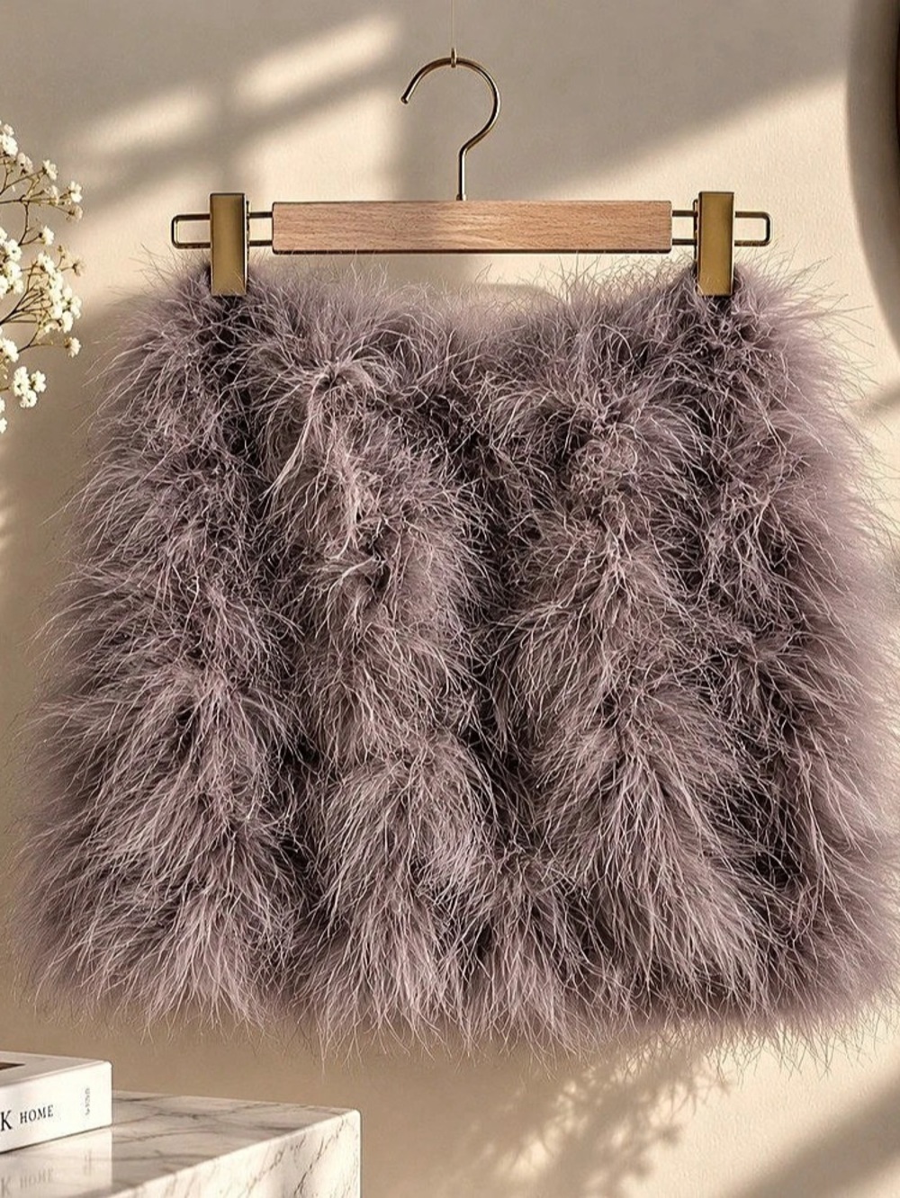 LAMARQUE Real Turkey Feather Mini Skirt – Lavender Gray XS